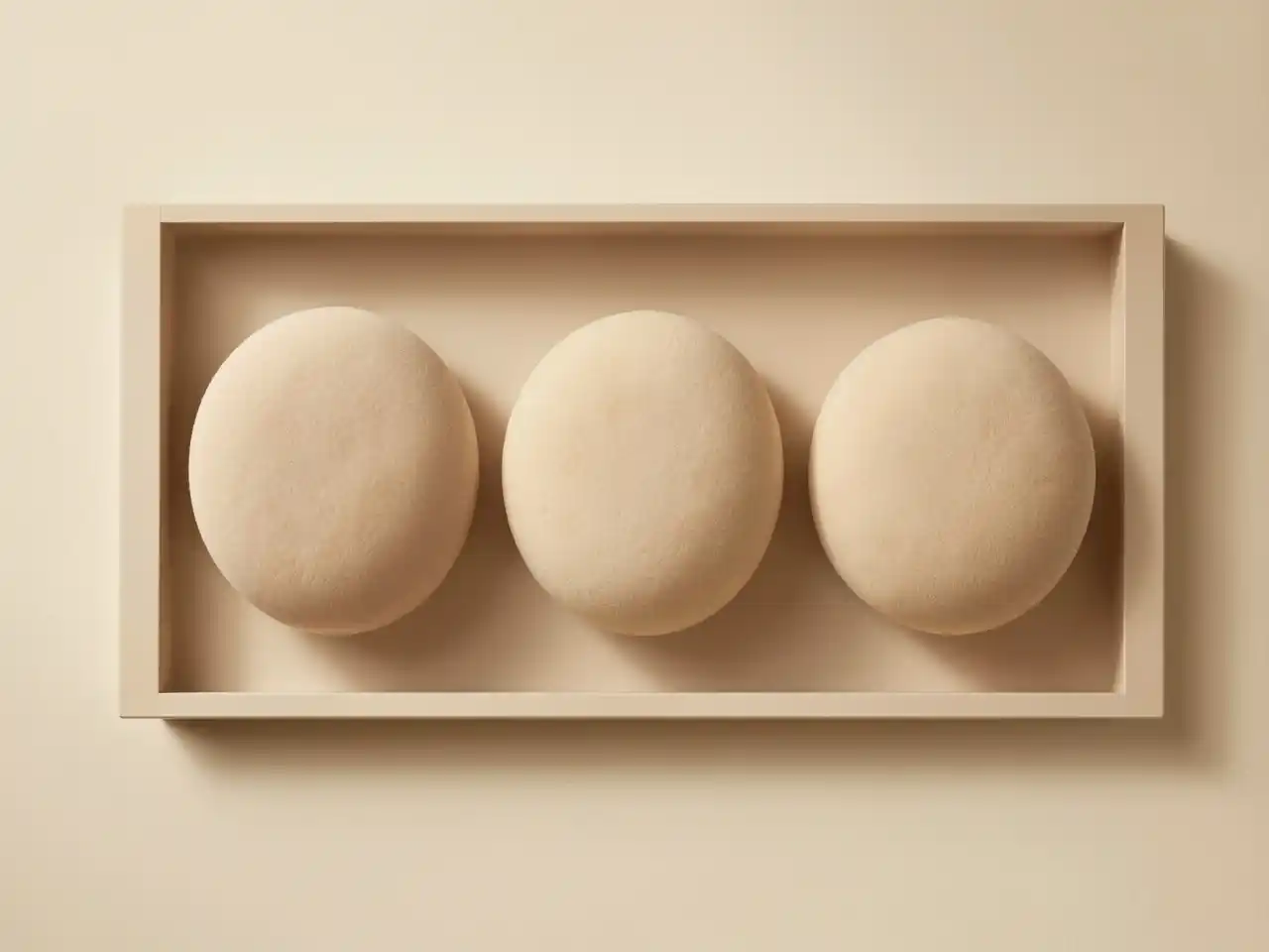 Three soft circular forms within a calm rectangular frame representing presence states